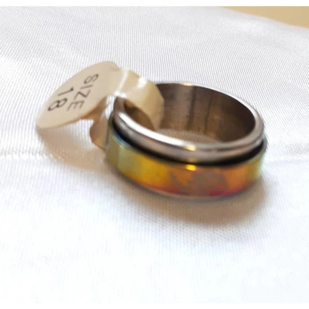 New Tag Dolphin Spinner Fidget Stress Ring Size 6‎ Rainbow Stainless Steel Band